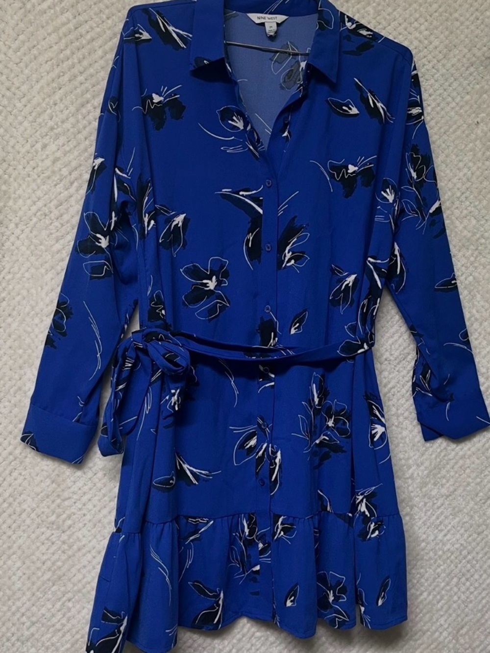 Nine West Shirt Dress Ruffle Hem Floral Button-Front Tie Waist Blue Medium - Picture 2 of 11